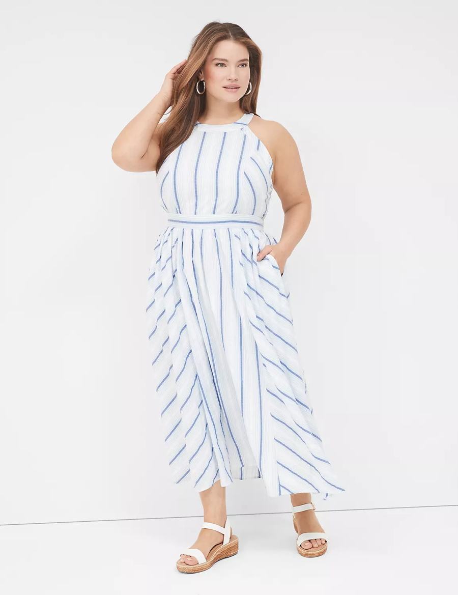 Women Lane Bryant Halter-Neck Maxi Dress White Blue | AAZ3862XM