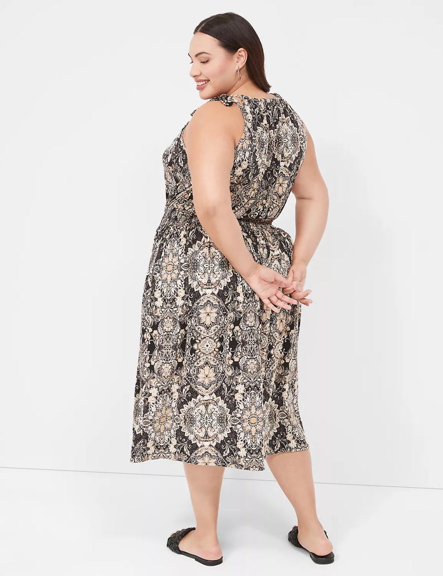 Women Lane Bryant Halter-Neck Smocked-Waist Jersey Midi Dress Black Multicolor | TFF774CG