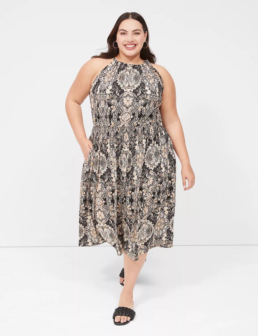 Women Lane Bryant Halter-Neck Smocked-Waist Jersey Midi Dress Black Multicolor | TFF774CG