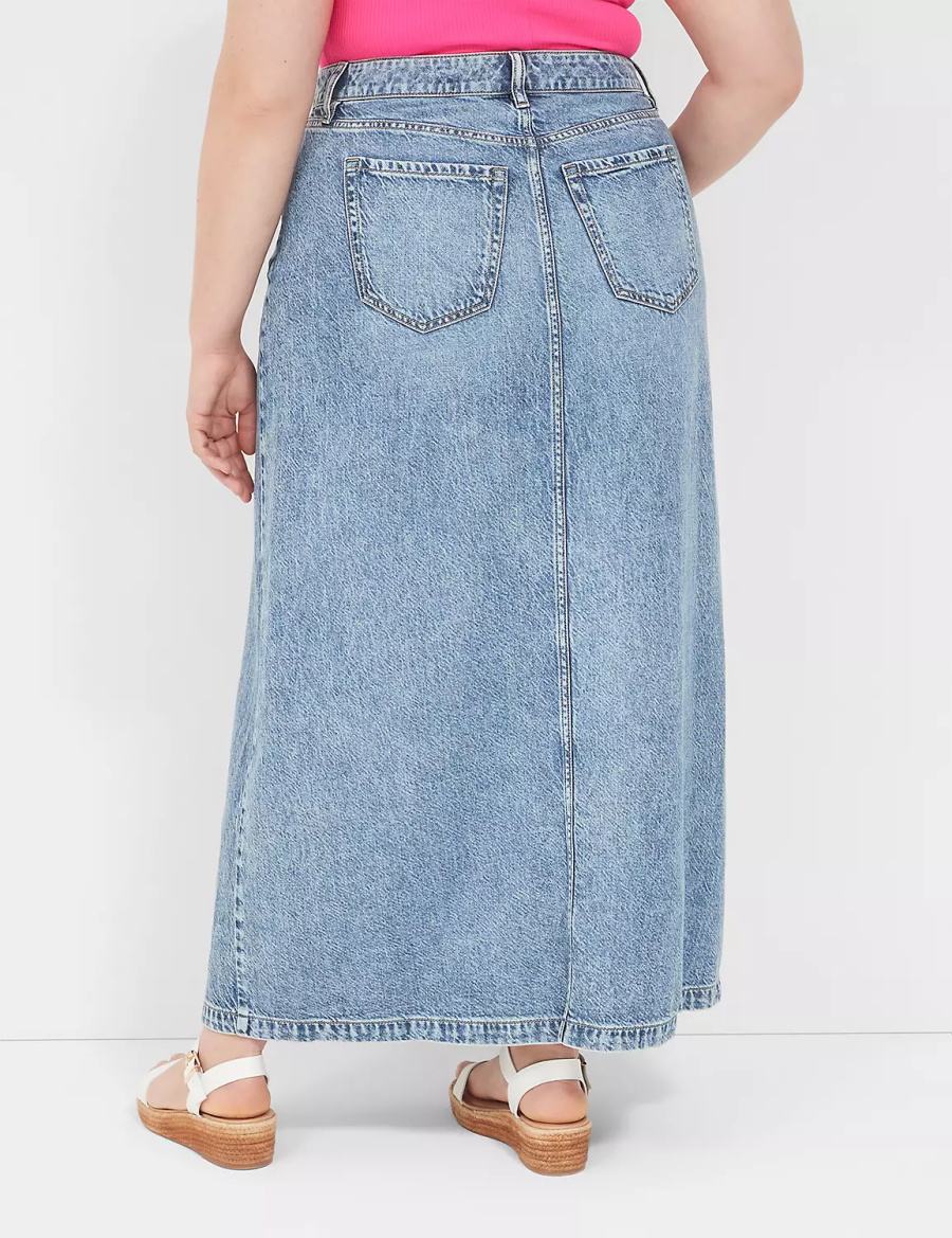 Women Lane Bryant High-Rise Front-Slit Denim Maxi Skirts Light Blue | AGM4461KY