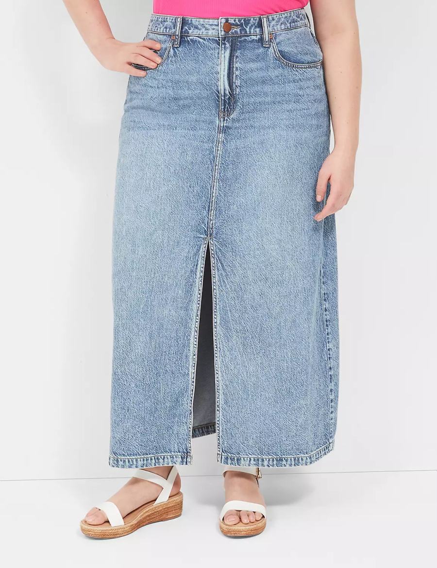 Women Lane Bryant High-Rise Front-Slit Denim Maxi Skirts Light Blue | AGM4461KY