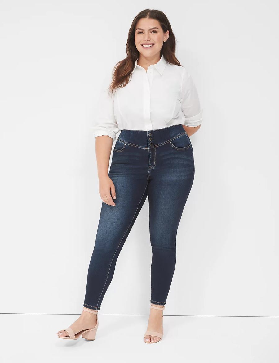 Women Lane Bryant High-Rise Sateen 3-Button Jeggings Dark Blue | OLH7851WT