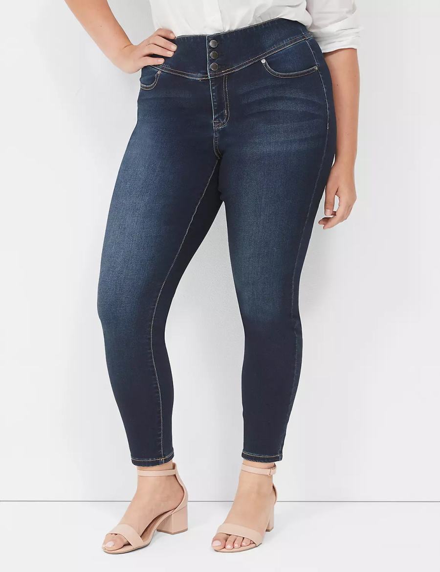 Women Lane Bryant High-Rise Sateen 3-Button Jeggings Dark Blue | OLH7851WT