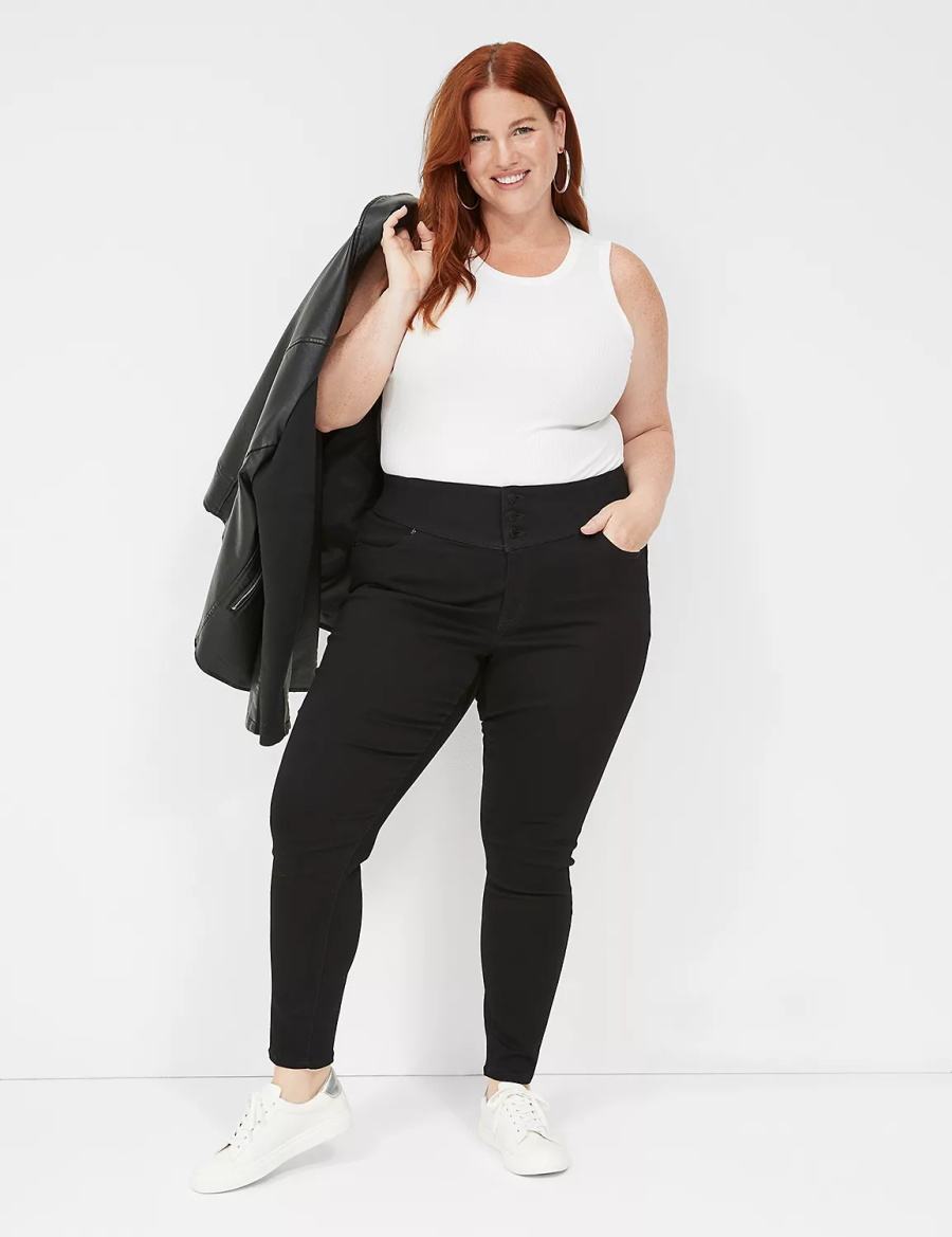 Women Lane Bryant High-Rise Sateen 3-Button Jeggings Black | FTN6911LM