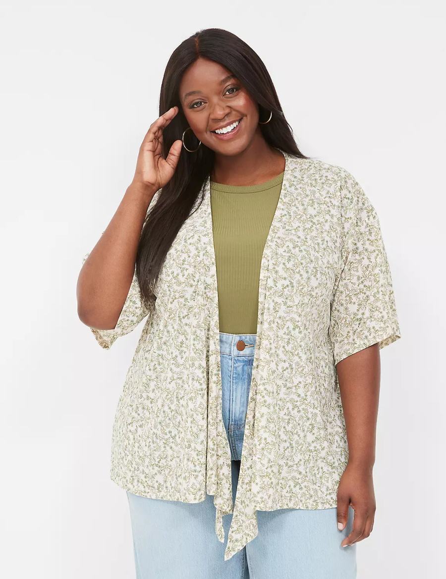 Women Lane Bryant Kimono-Sleeve Tie-Front Overpiece Robe Cream Olive | HWB5237AE