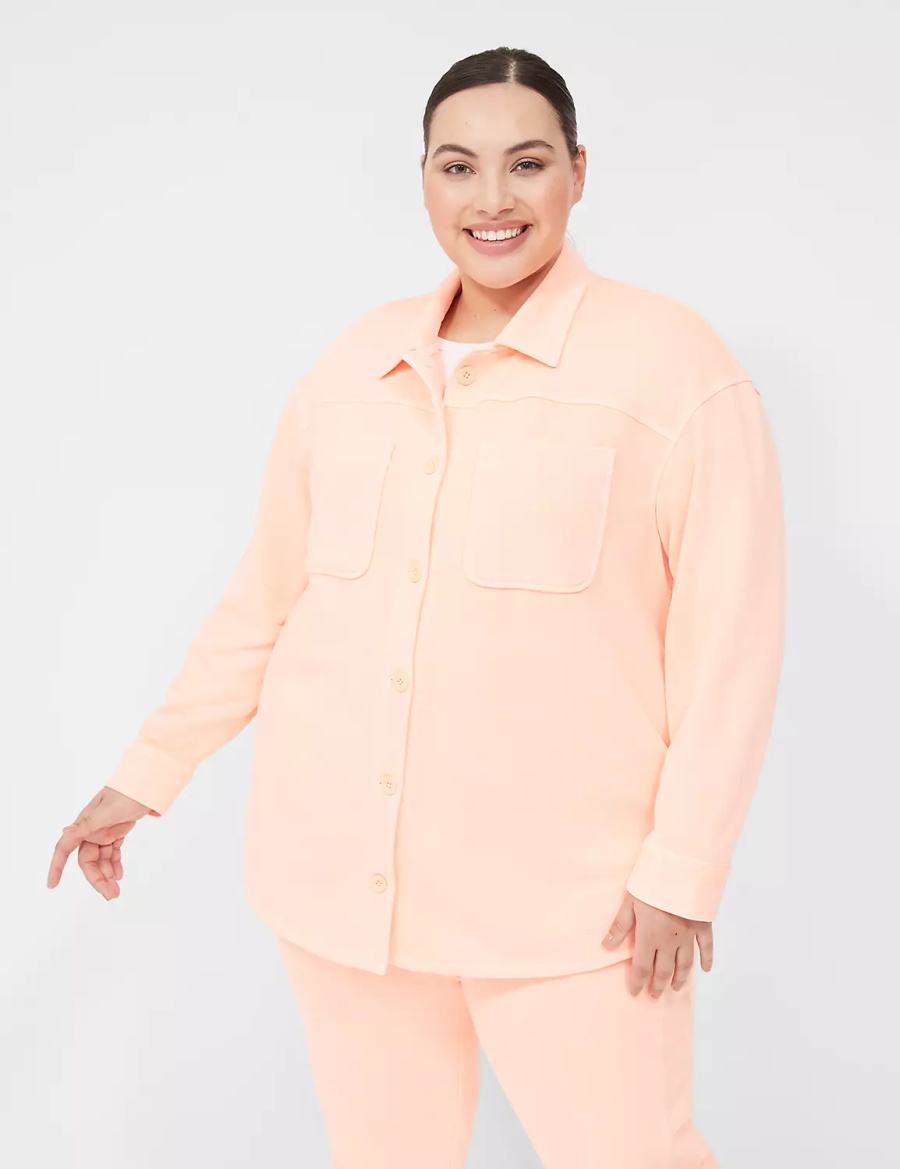 Women Lane Bryant LIVI Button-Front French Terry Shacket Shirts Coral | KCY6214FR