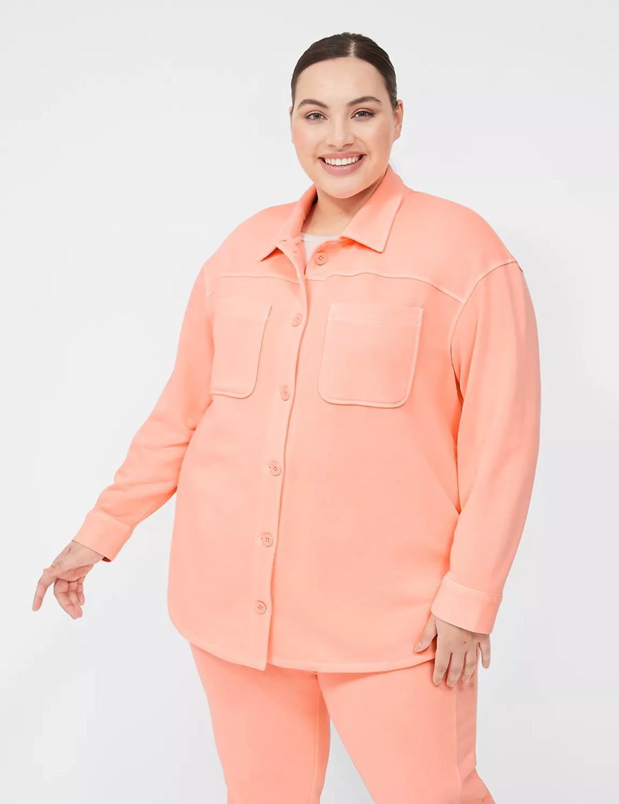 Women Lane Bryant LIVI Button-Front French Terry Shacket Shirts Coral | KCY6214FR