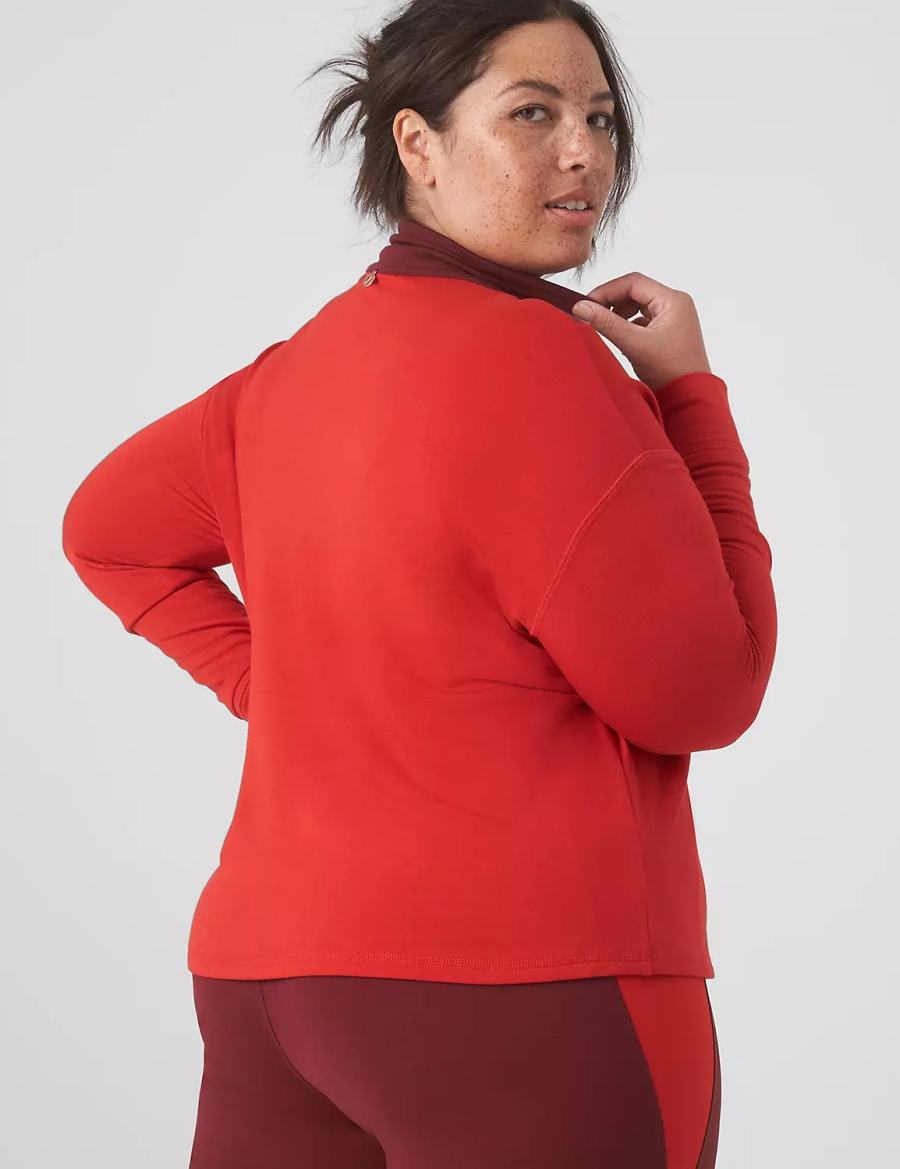 Women Lane Bryant LIVI CozySoft Half-Zip Colorblock Cropped Pullover Pullover Red | VMO6328CN