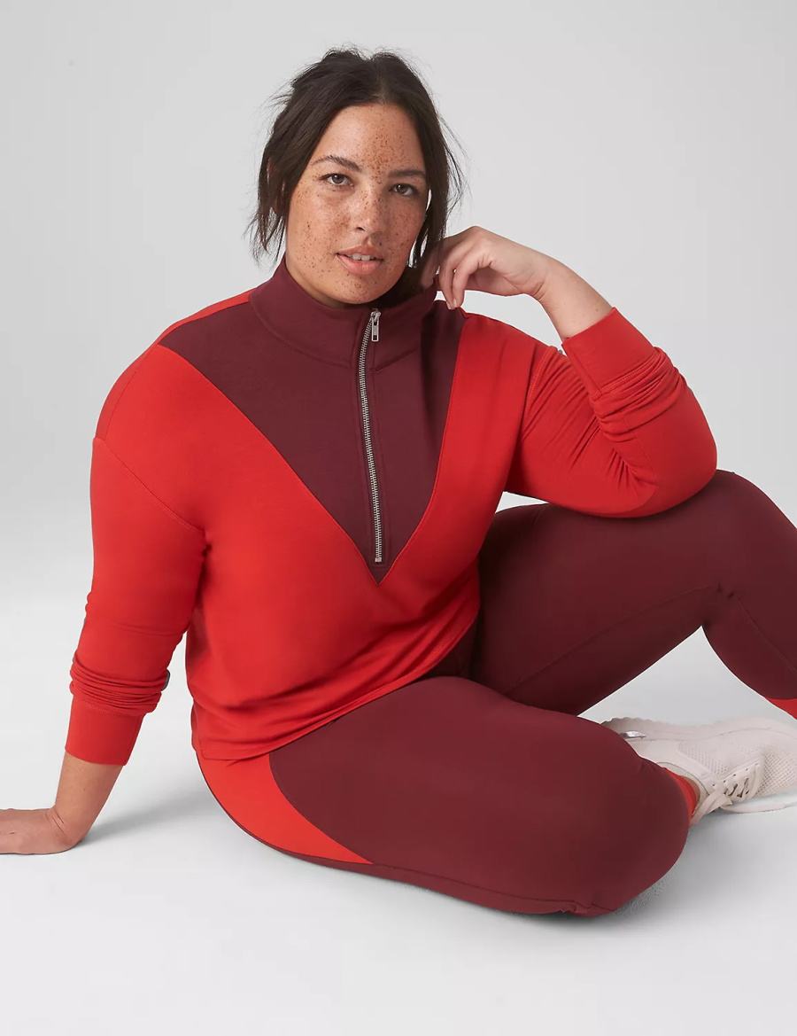 Women Lane Bryant LIVI CozySoft Half-Zip Colorblock Cropped Pullover Pullover Red | VMO6328CN