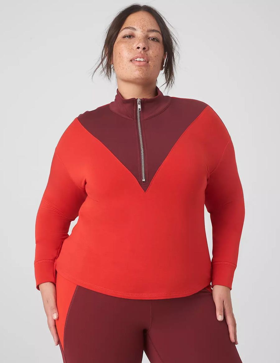 Women Lane Bryant LIVI CozySoft Half-Zip Colorblock Cropped Pullover Pullover Red | VMO6328CN