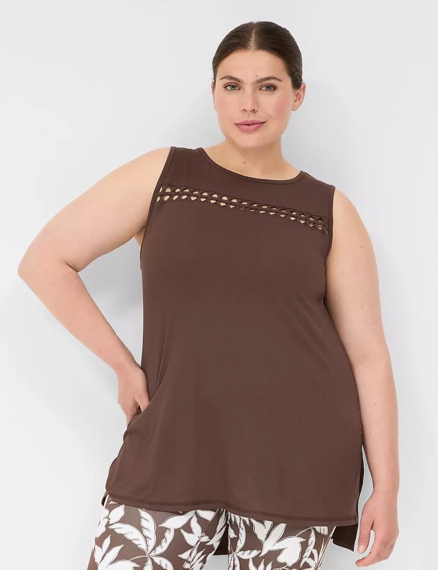 Women Lane Bryant LIVI Crew-Neck Macrame Tank Top Dark Brown | JXR2640SQ