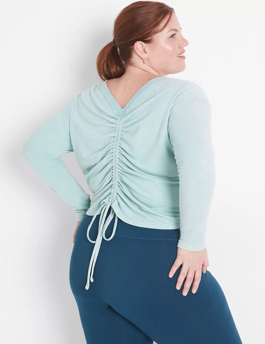 Women Lane Bryant LIVI Crop Boatneck Ruched-Detail Sweatshirts Light Green | ZEF1889NE