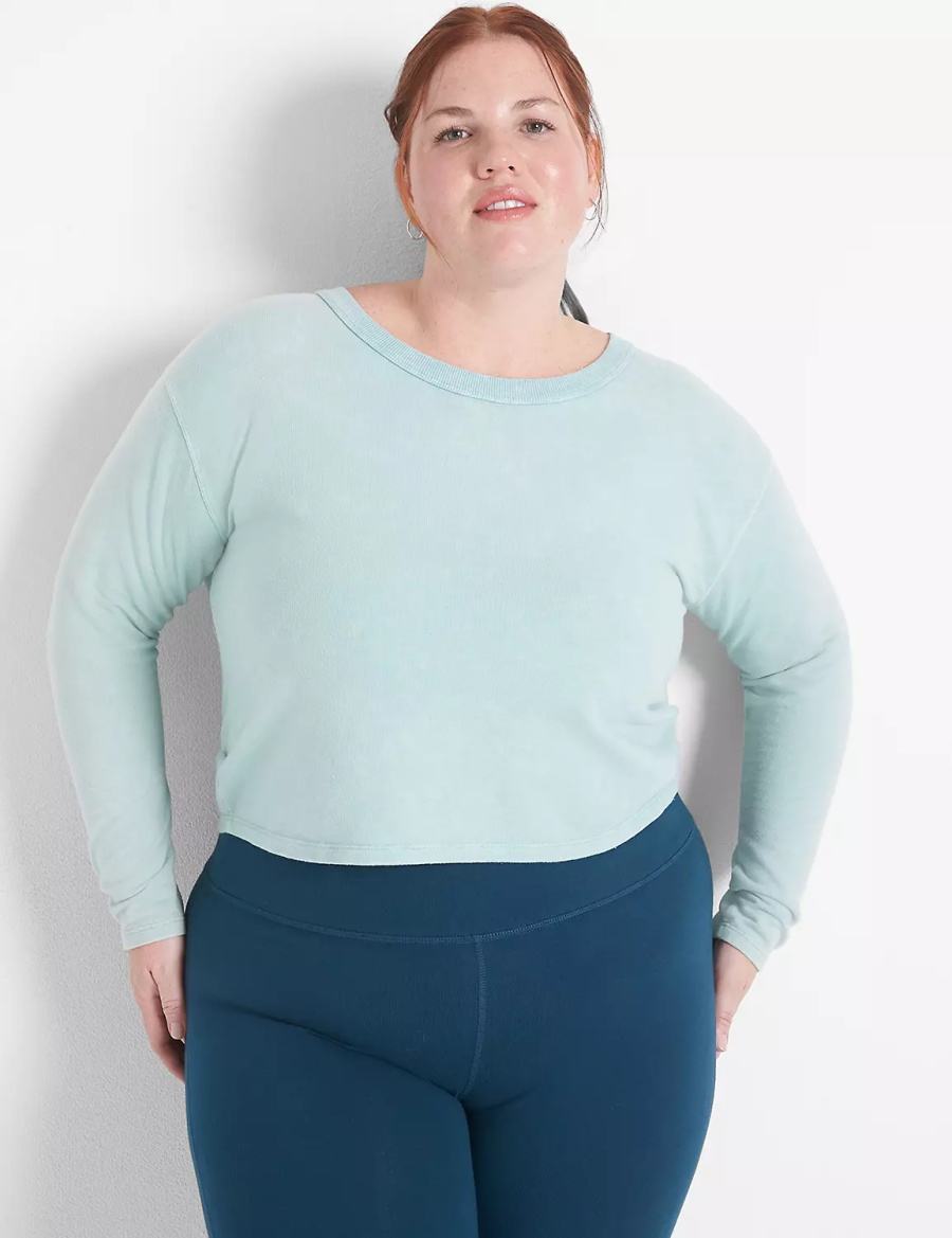 Women Lane Bryant LIVI Crop Boatneck Ruched-Detail Sweatshirts Light Green | ZEF1889NE