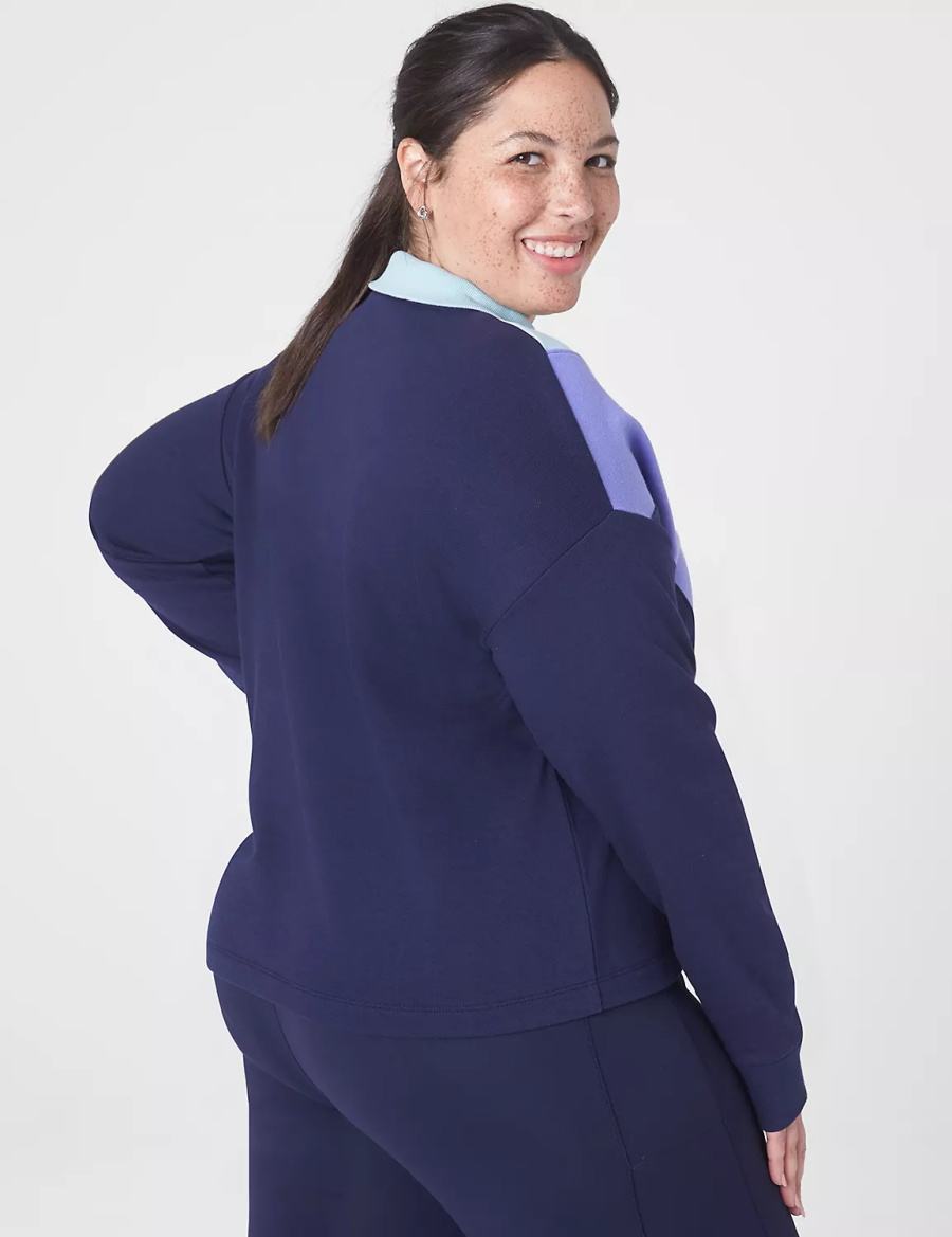 Women Lane Bryant LIVI Crop Zip-Neck Seamed Sweatshirts Dark Blue | PRP9041VZ