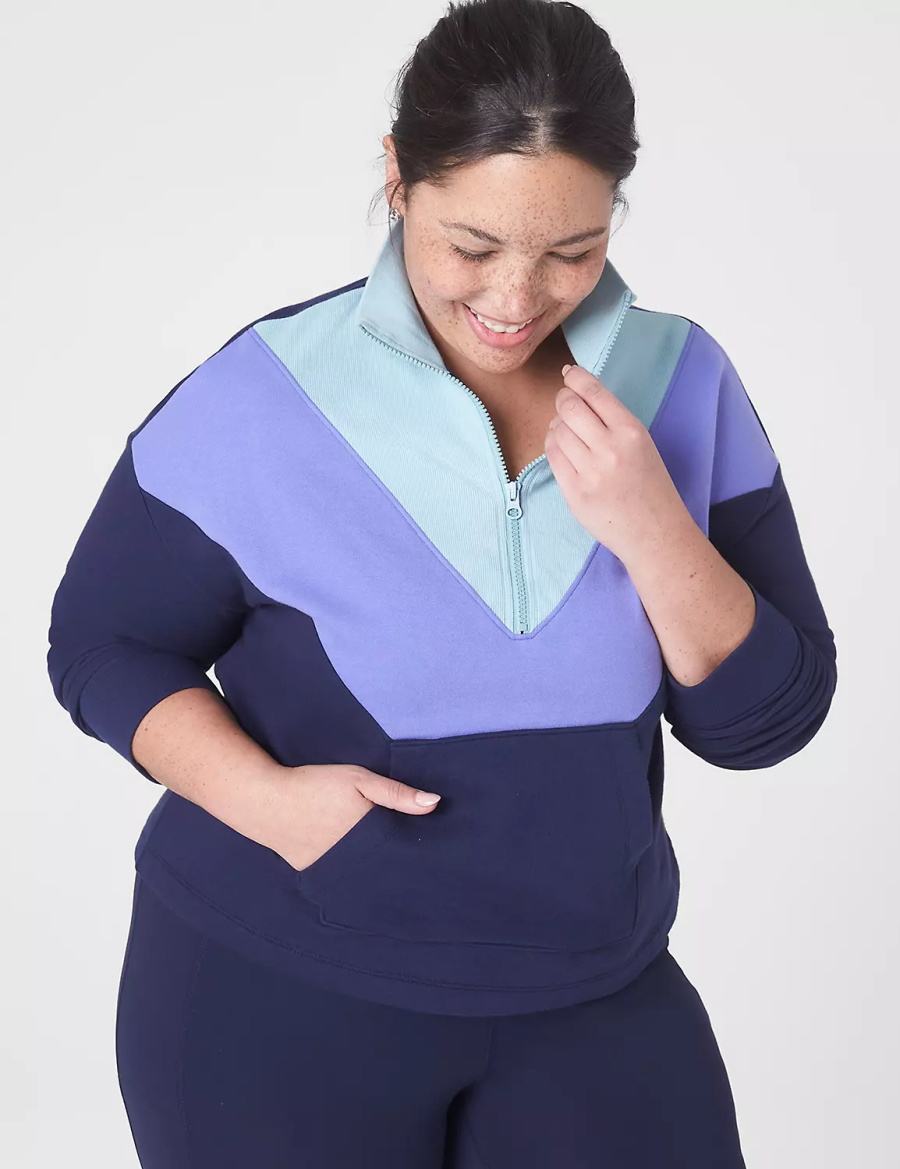 Women Lane Bryant LIVI Crop Zip-Neck Seamed Sweatshirts Dark Blue | PRP9041VZ