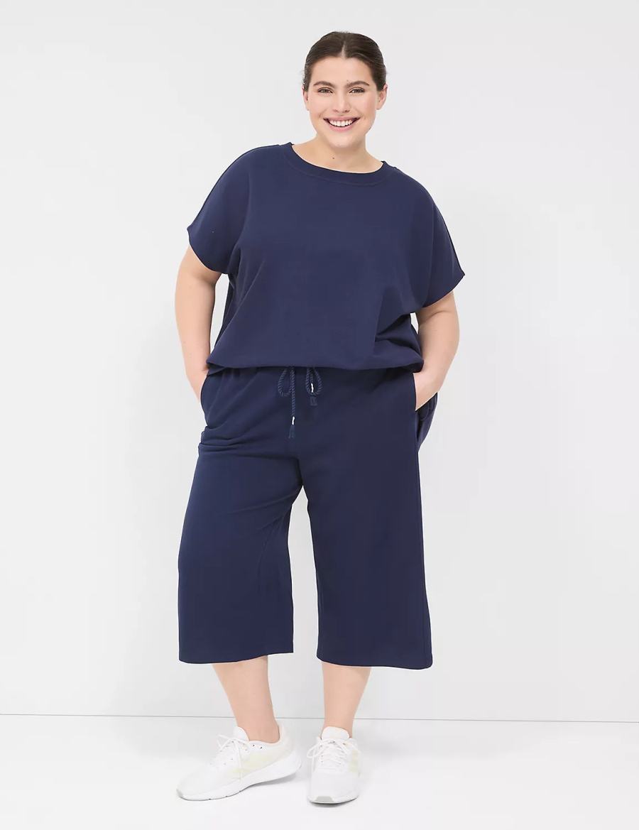 Women Lane Bryant LIVI French Terry Relaxed Straight Capri Pants Navy | FYT1393TW