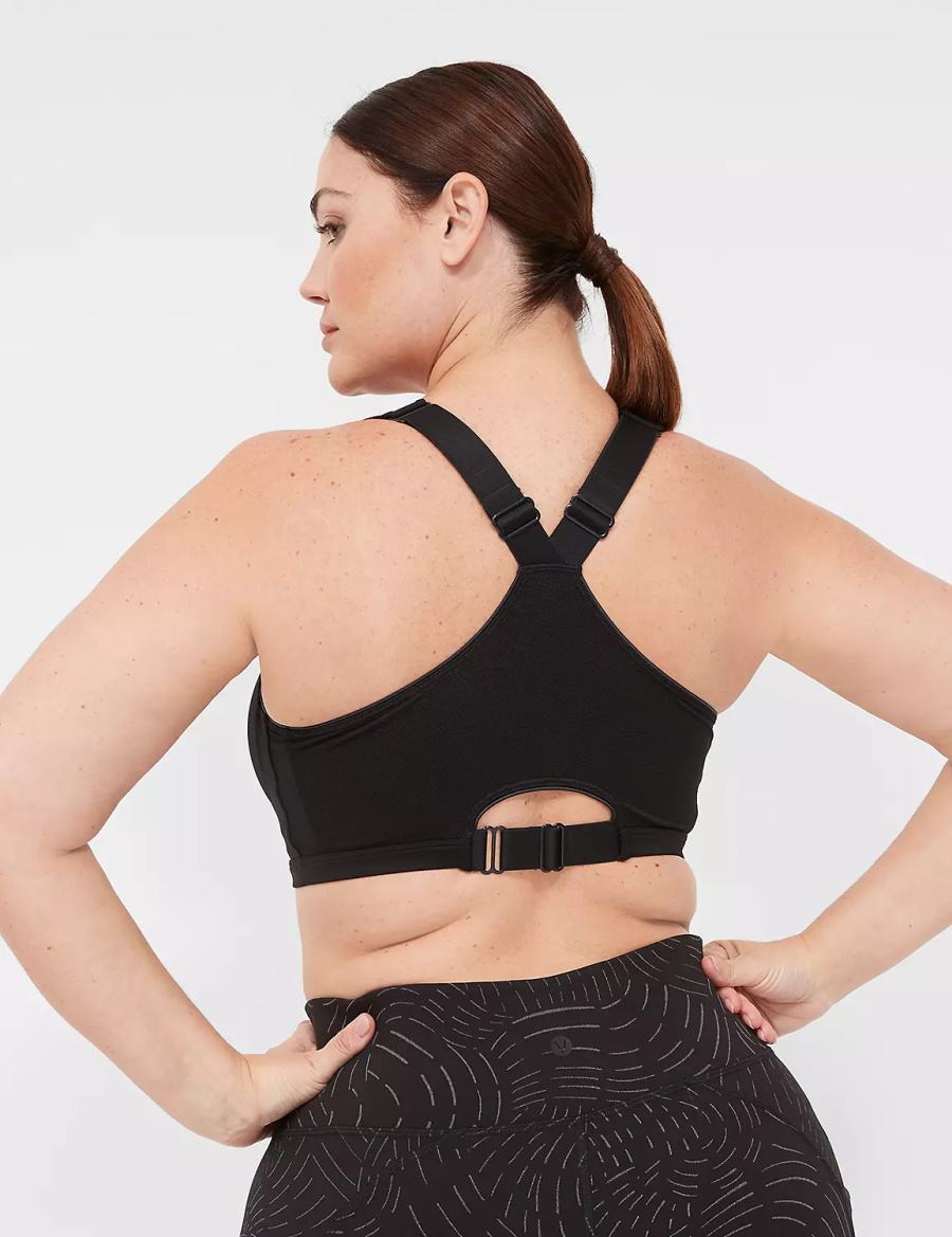 Women Lane Bryant LIVI Max Support Comfort Zip-Front Sports Bra Black | UNX7095PC