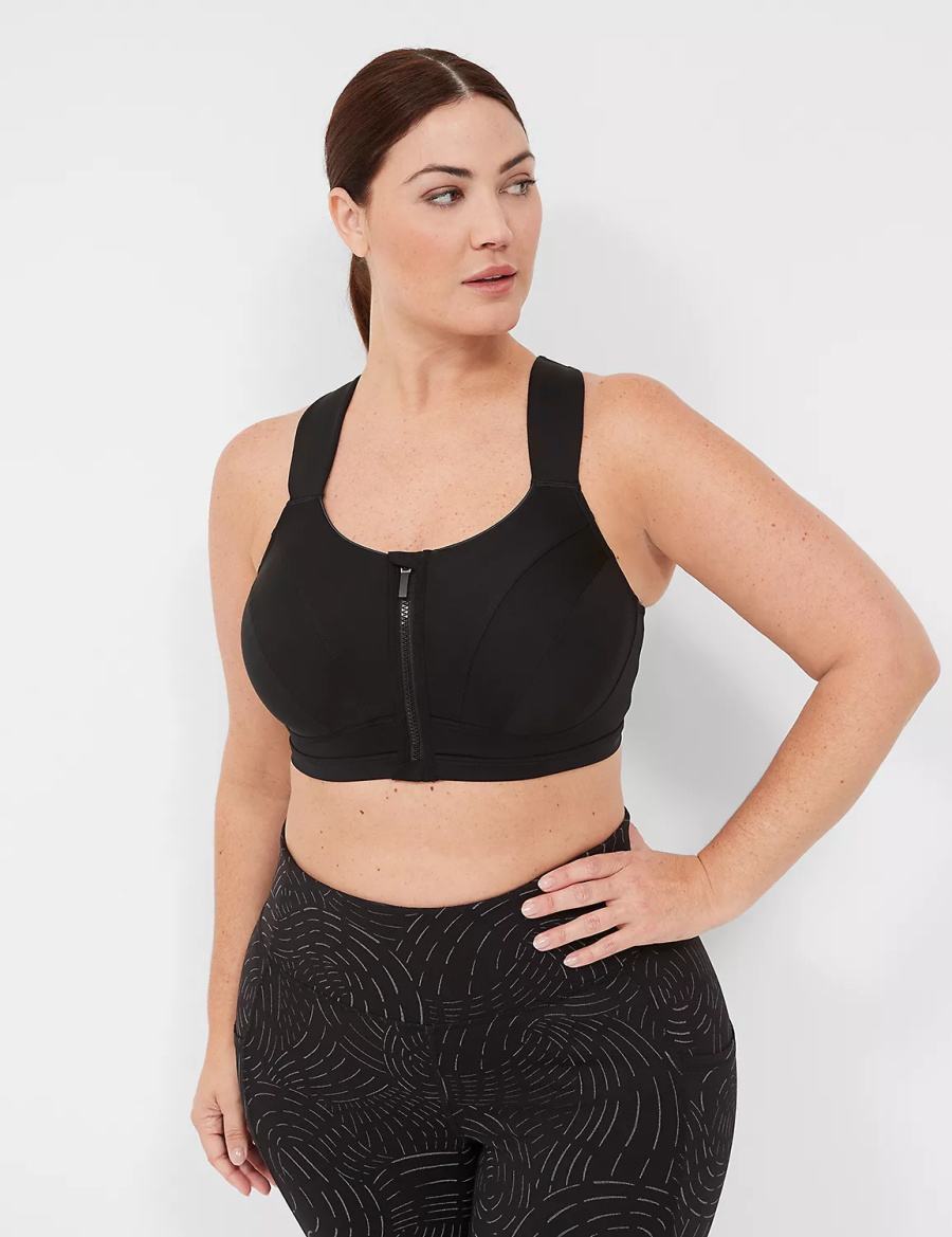 Women Lane Bryant LIVI Max Support Comfort Zip-Front Sports Bra Black | UNX7095PC