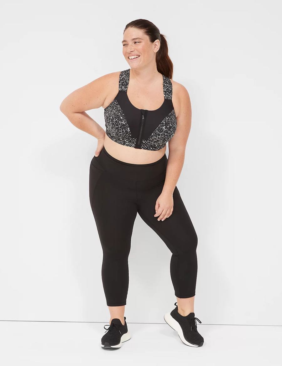 Women Lane Bryant LIVI Max Support Comfort Zip-Front Sports Bra Black | OYE6895KP