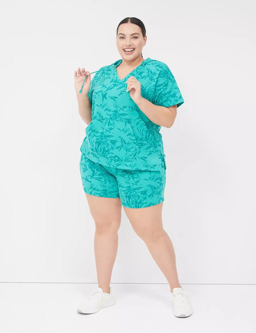 Women Lane Bryant LIVI Short-Sleeve French Terry Hoodie Turquoise | QIO90100DL