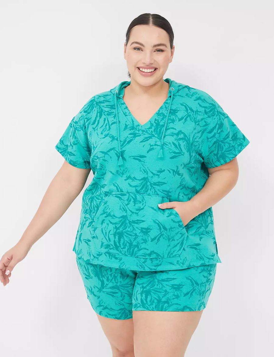 Women Lane Bryant LIVI Short-Sleeve French Terry Hoodie Turquoise | QIO90100DL