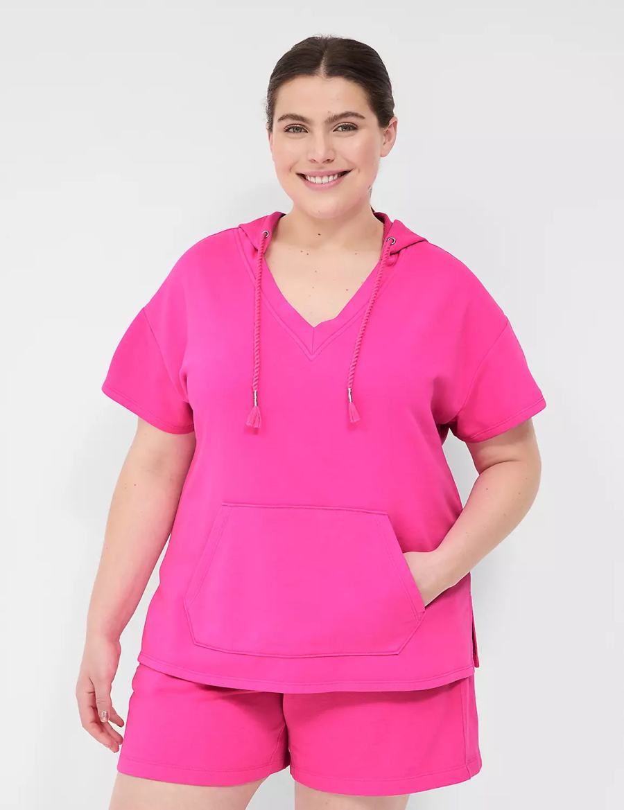 Women Lane Bryant LIVI Short-Sleeve French Terry Hoodie Pink | SKO3479UI