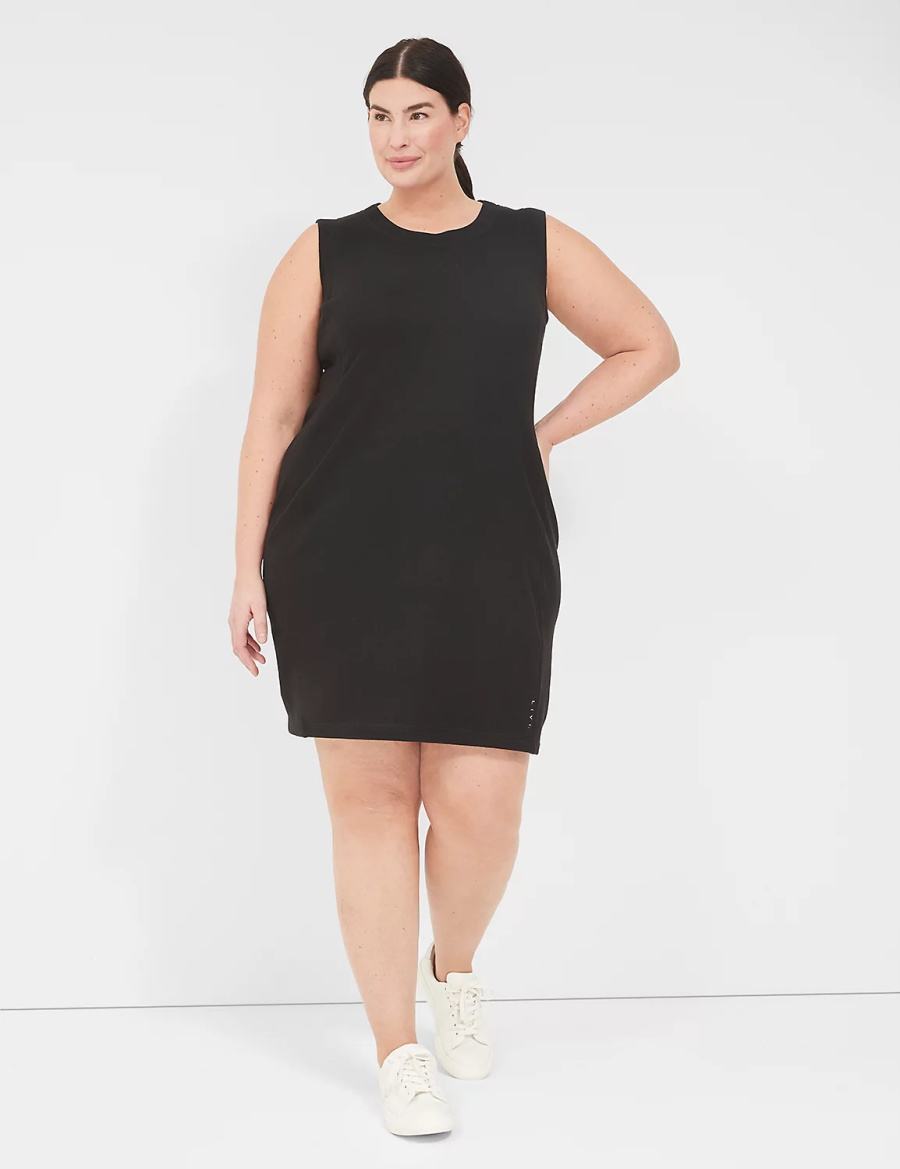 Women Lane Bryant LIVI Sleeveless Crew-Neck French Terry Casual Dress Black | DSZ1937GE