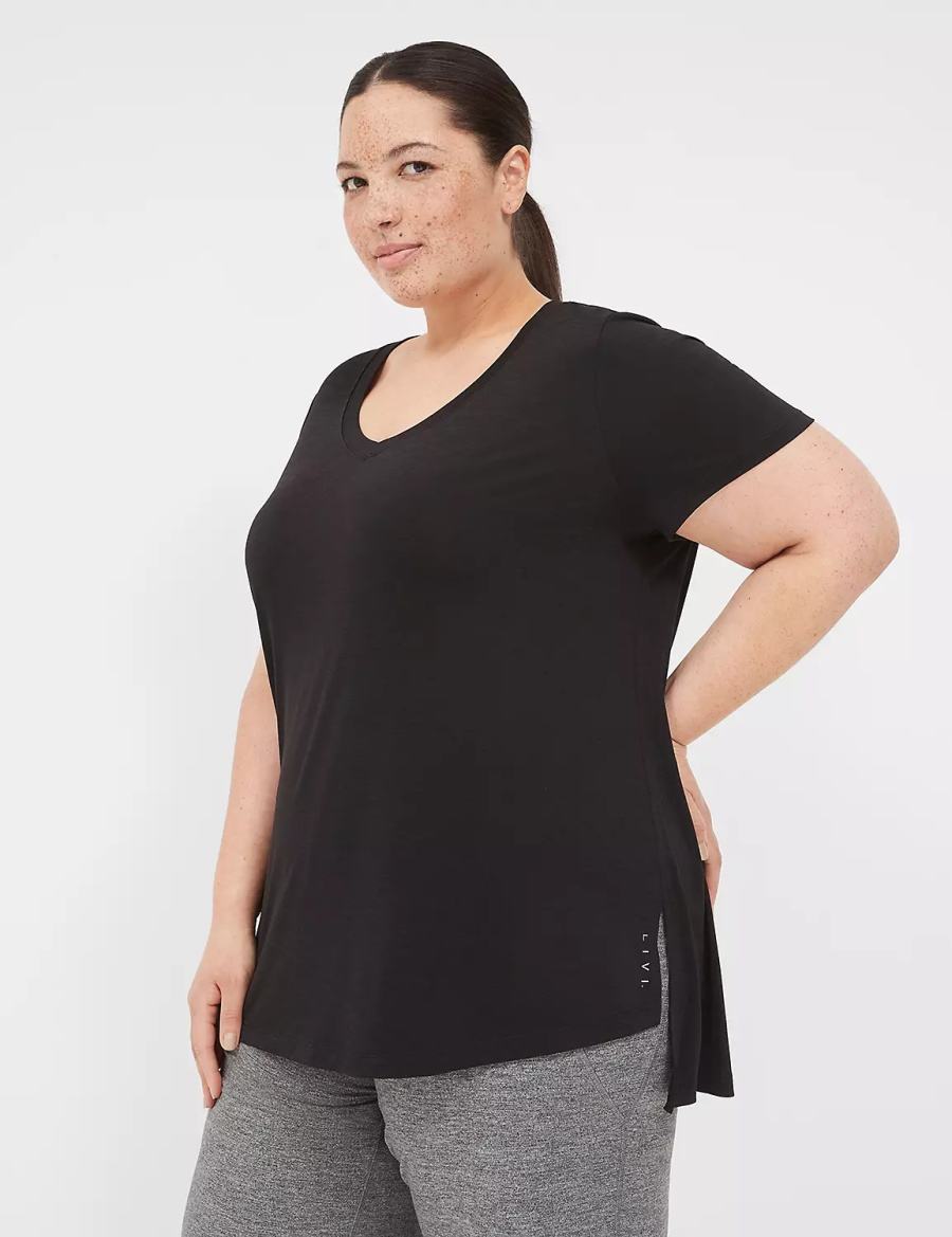 Women Lane Bryant LIVI V-Neck Ruched-Back Tee T Shirts Black | EZY1493KZ