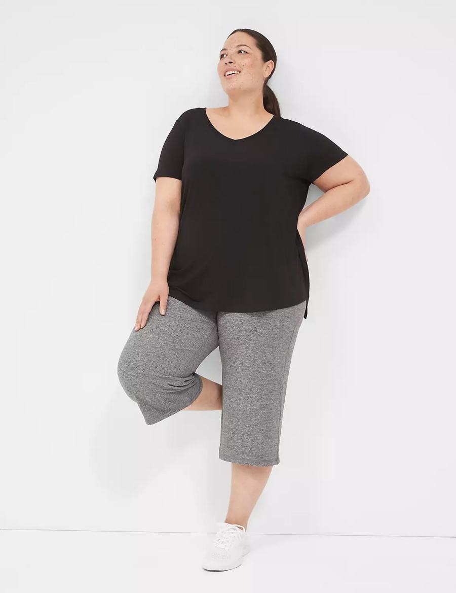 Women Lane Bryant LIVI V-Neck Ruched-Back Tee T Shirts Black | EZY1493KZ