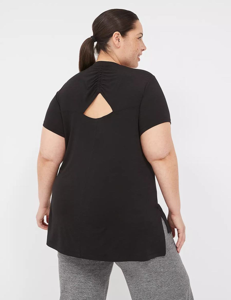 Women Lane Bryant LIVI V-Neck Ruched-Back Tee T Shirts Black | EZY1493KZ