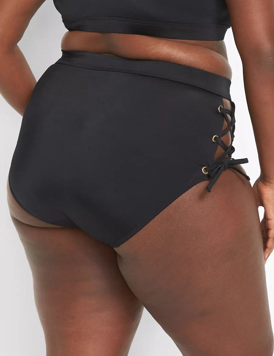 Women Lane Bryant Lace-Up High-Waist Swim Briefs Black | QEA9591PO