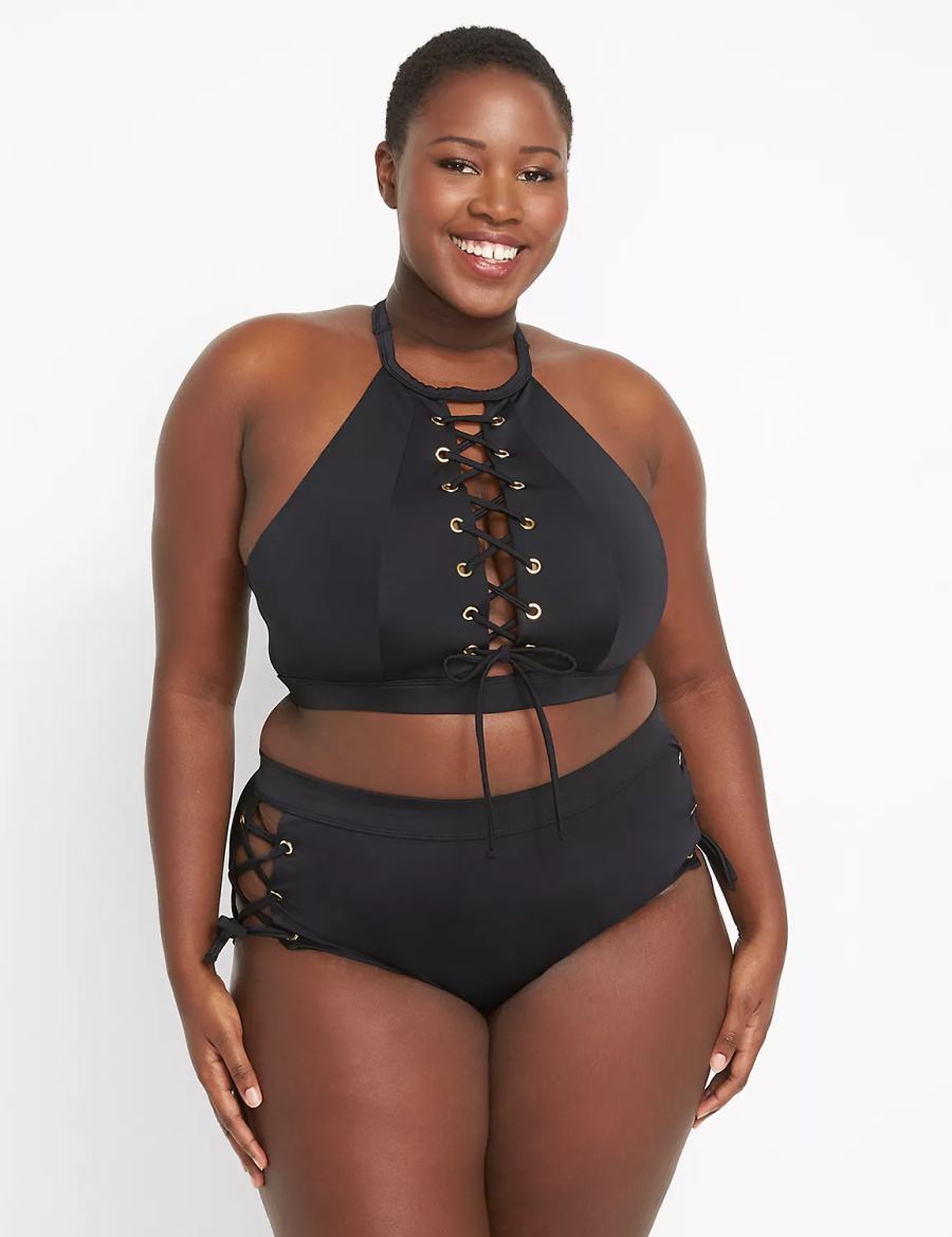 Women Lane Bryant Lace-Up High-Waist Swim Briefs Black | QEA9591PO