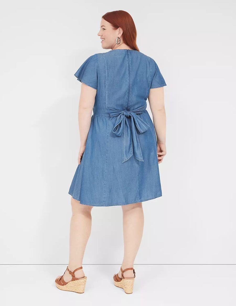 Women Lane Bryant Lena Denim Surplice-Neck Level-Hem Casual Dress Blue | MDV7956XY