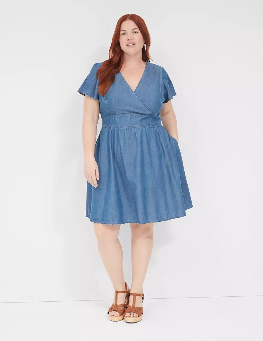 Women Lane Bryant Lena Denim Surplice-Neck Level-Hem Casual Dress Blue | MDV7956XY