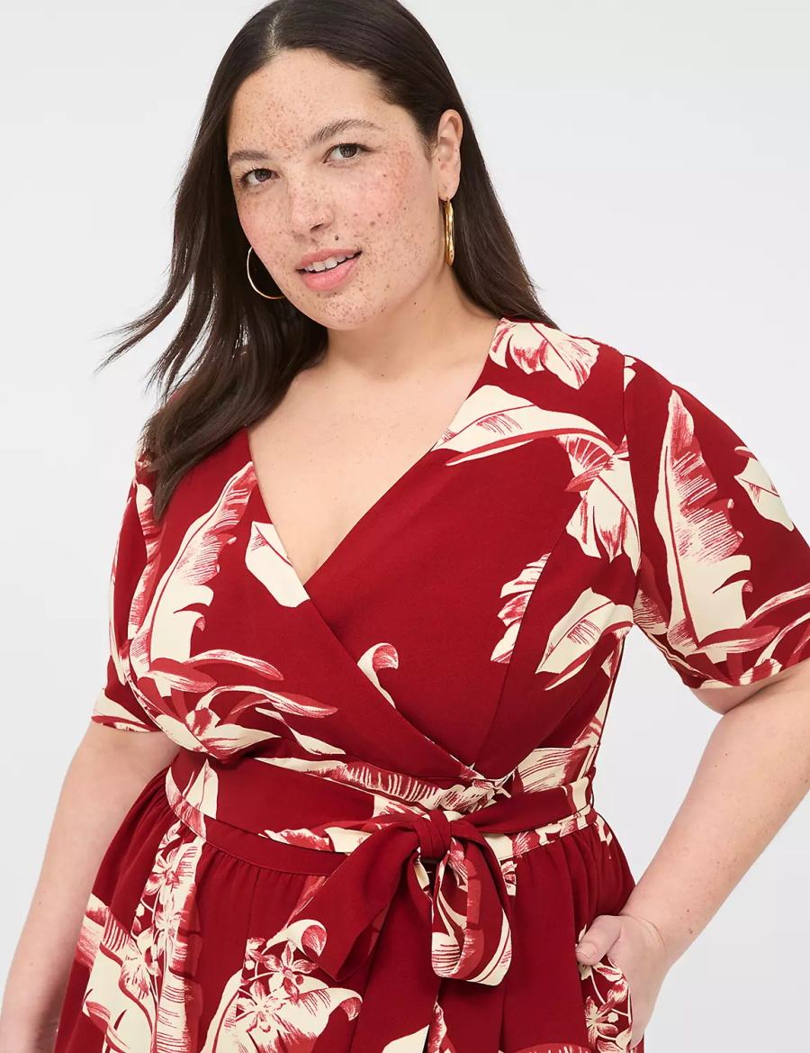 Women Lane Bryant Lena Short-Sleeve Surplice Jumpsuit Burgundy | IIV9410LA