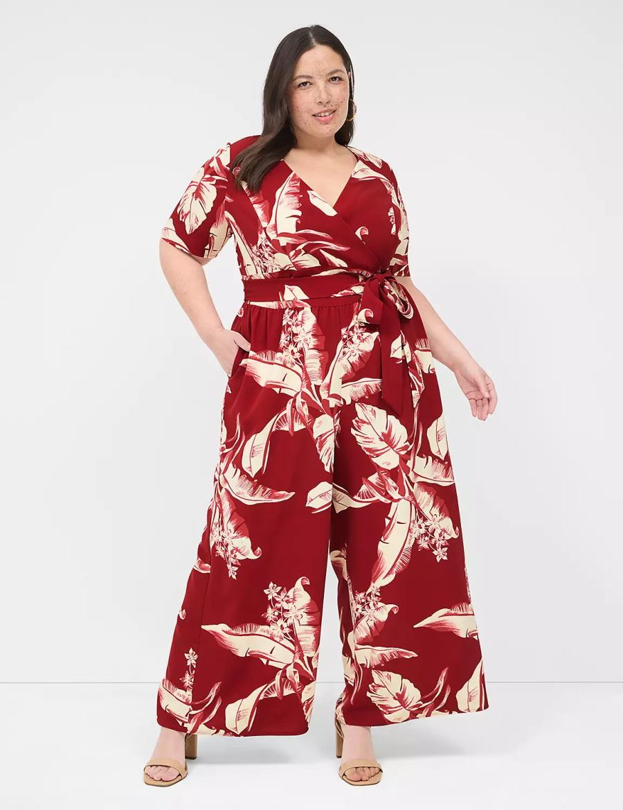 Women Lane Bryant Lena Short-Sleeve Surplice Jumpsuit Burgundy | IIV9410LA