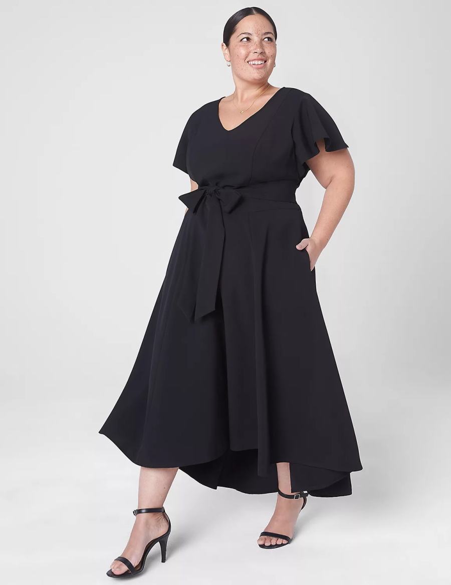 Women Lane Bryant Lena V-Neck High-Low Midi Dress Black | ZHO2784KB