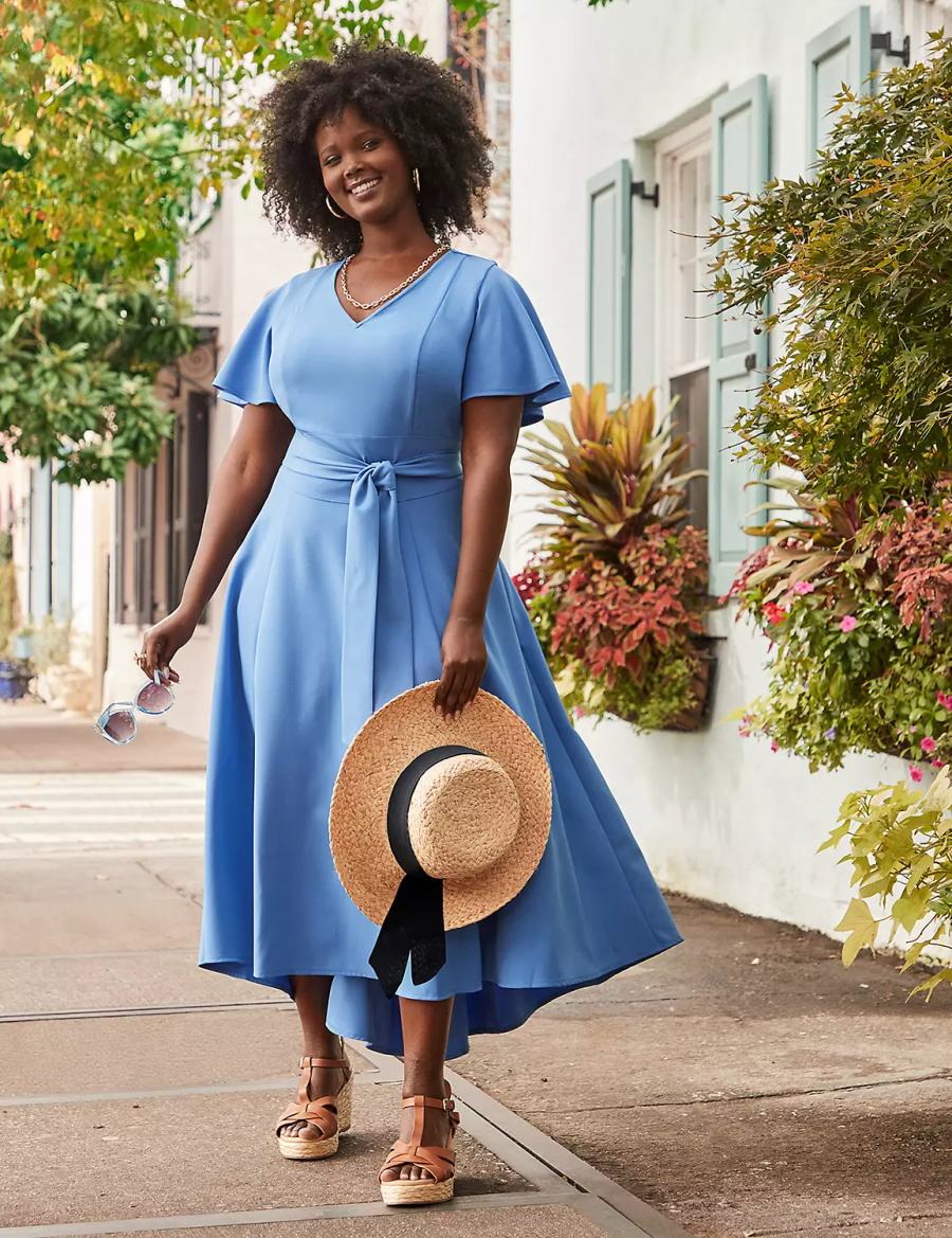 Women Lane Bryant Lena V-Neck High-Low Midi Dress Blue | FZH4581ZD