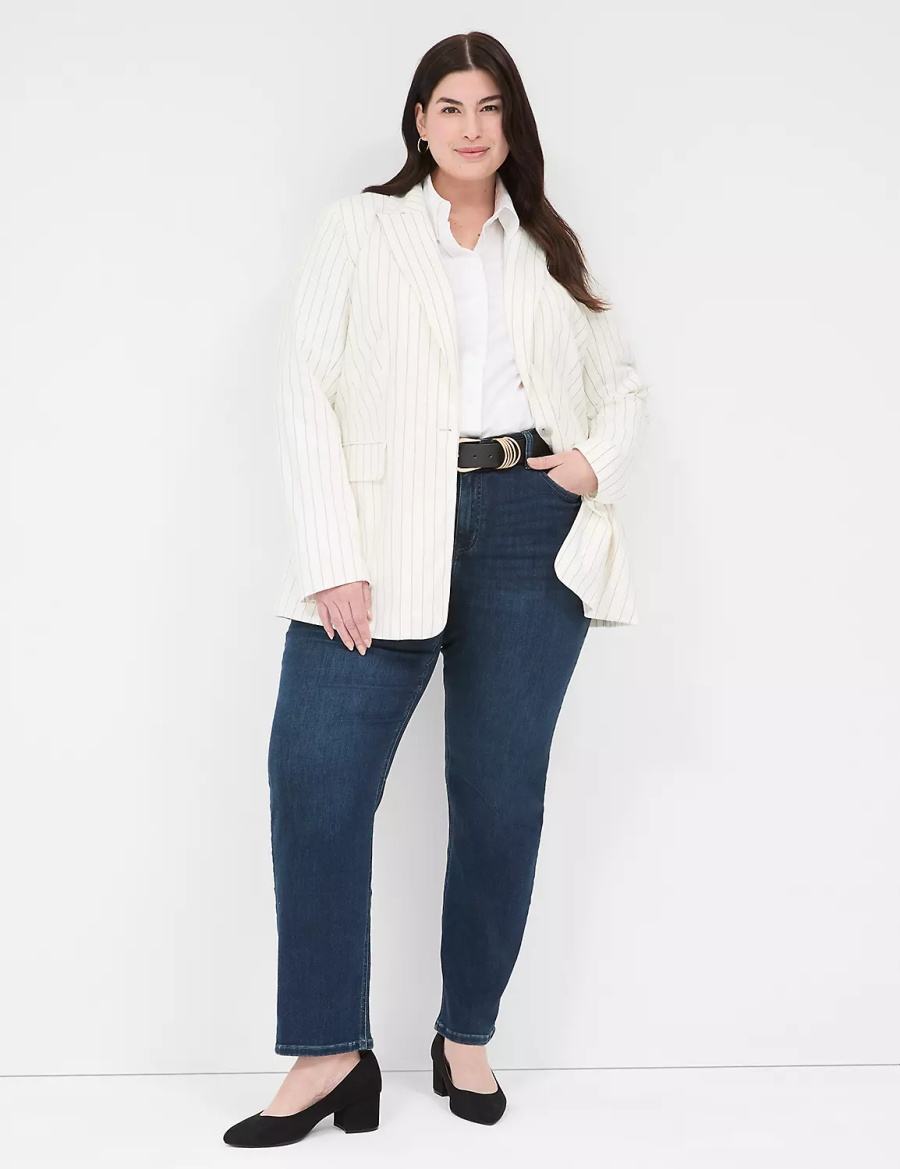 Women Lane Bryant Linen Pinstripe One-Button Blazers White | XPE1245OD