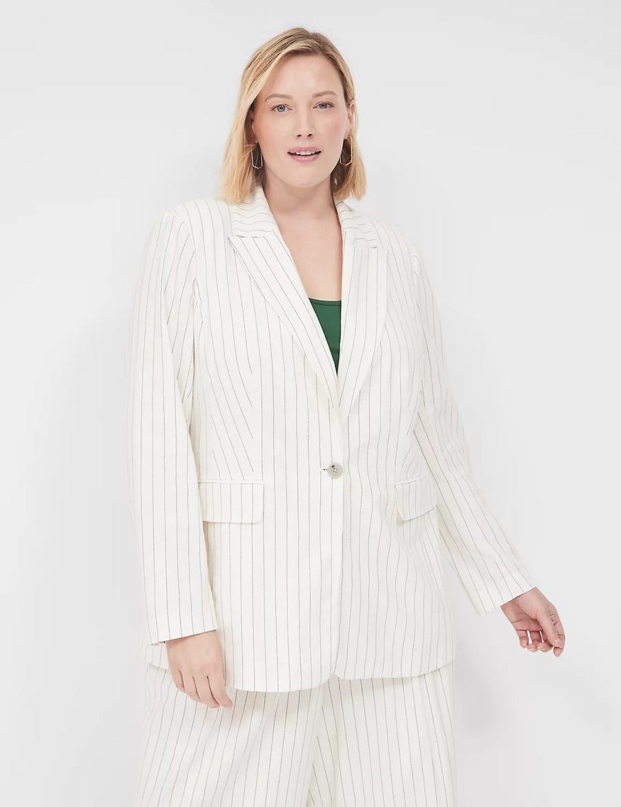 Women Lane Bryant Linen Pinstripe One-Button Blazers White | XPE1245OD