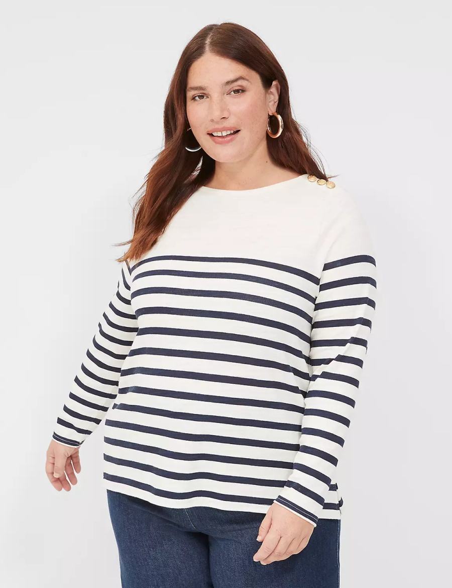 Women Lane Bryant Long-Sleeve Boatneck Top T Shirts Navy Stripes | FDV7717MJ