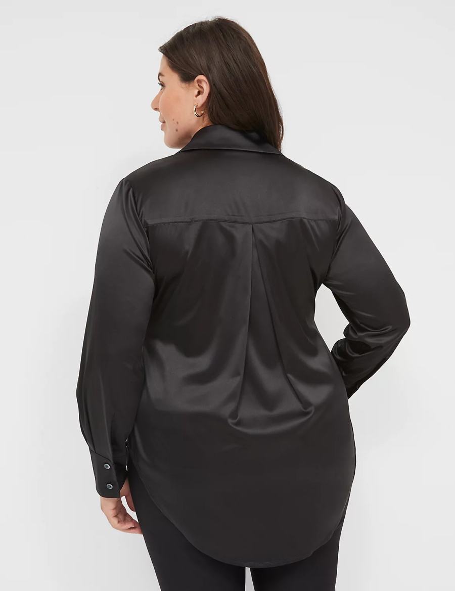 Women Lane Bryant Long-Sleeve Button-Down Satin Shirts Black | NMX6371HW