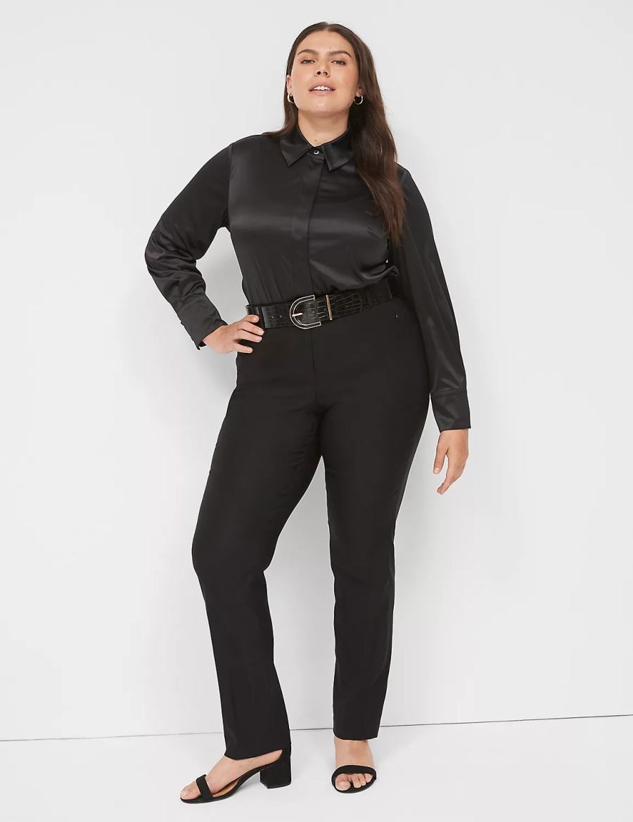 Women Lane Bryant Long-Sleeve Button-Down Satin Shirts Black | NMX6371HW