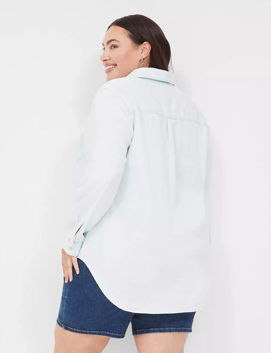 Women Lane Bryant Long-Sleeve Button-Front Denim Boyfriend Shirts Light Blue | GMT3418BT