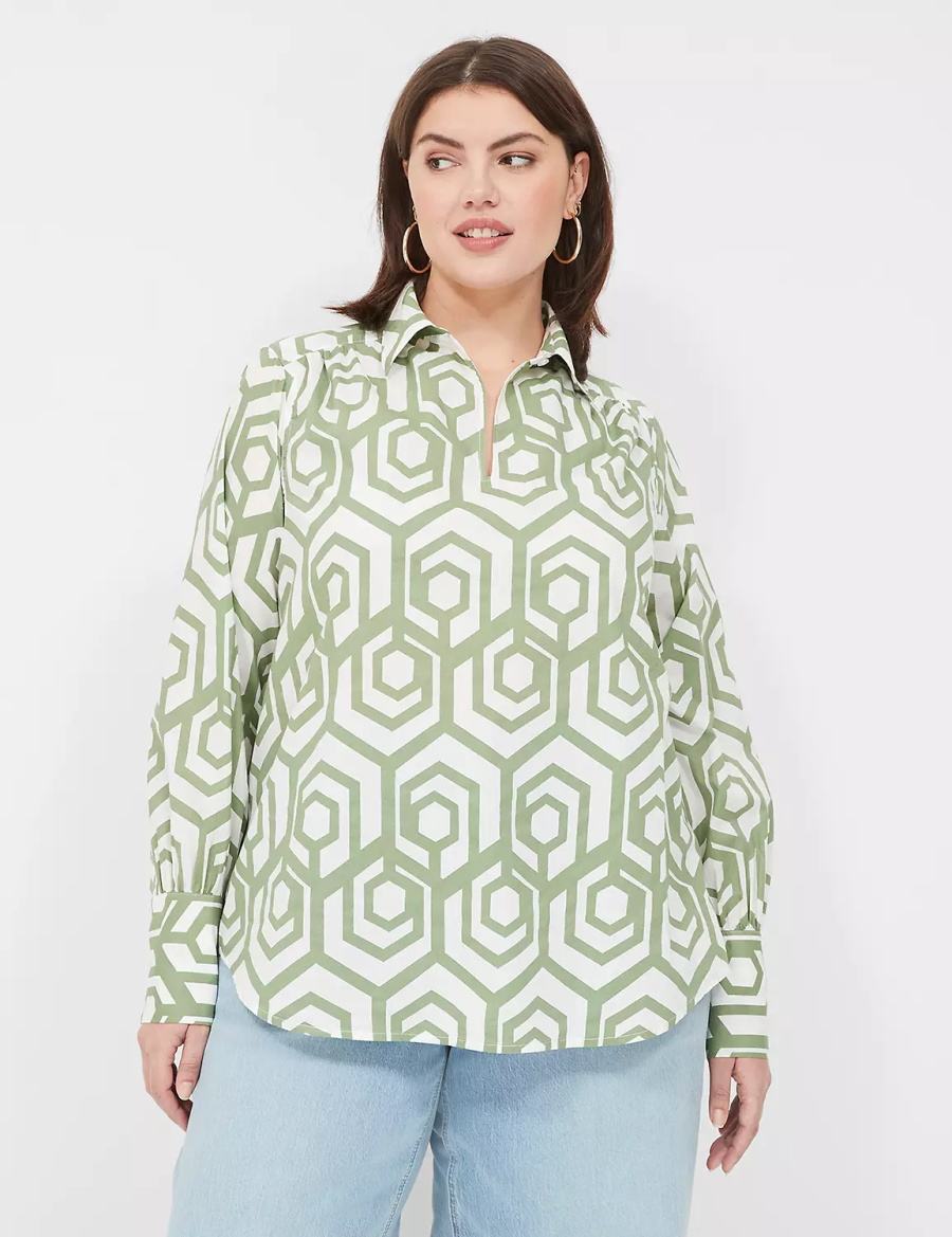 Women Lane Bryant Long-Sleeve Collar Popover Shirts Green | DDE9170QR