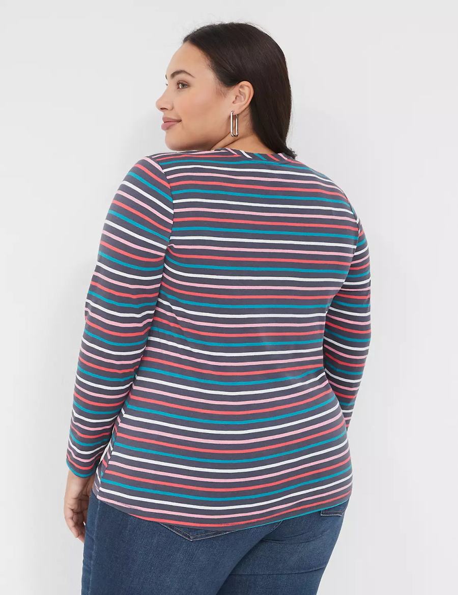 Women Lane Bryant Long-Sleeve Crew-Neck Tee T Shirts Navy Multicolor Stripes | PXM6820PO