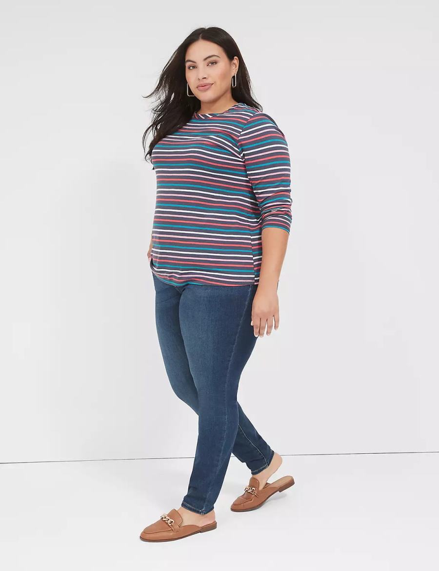 Women Lane Bryant Long-Sleeve Crew-Neck Tee T Shirts Navy Multicolor Stripes | PXM6820PO