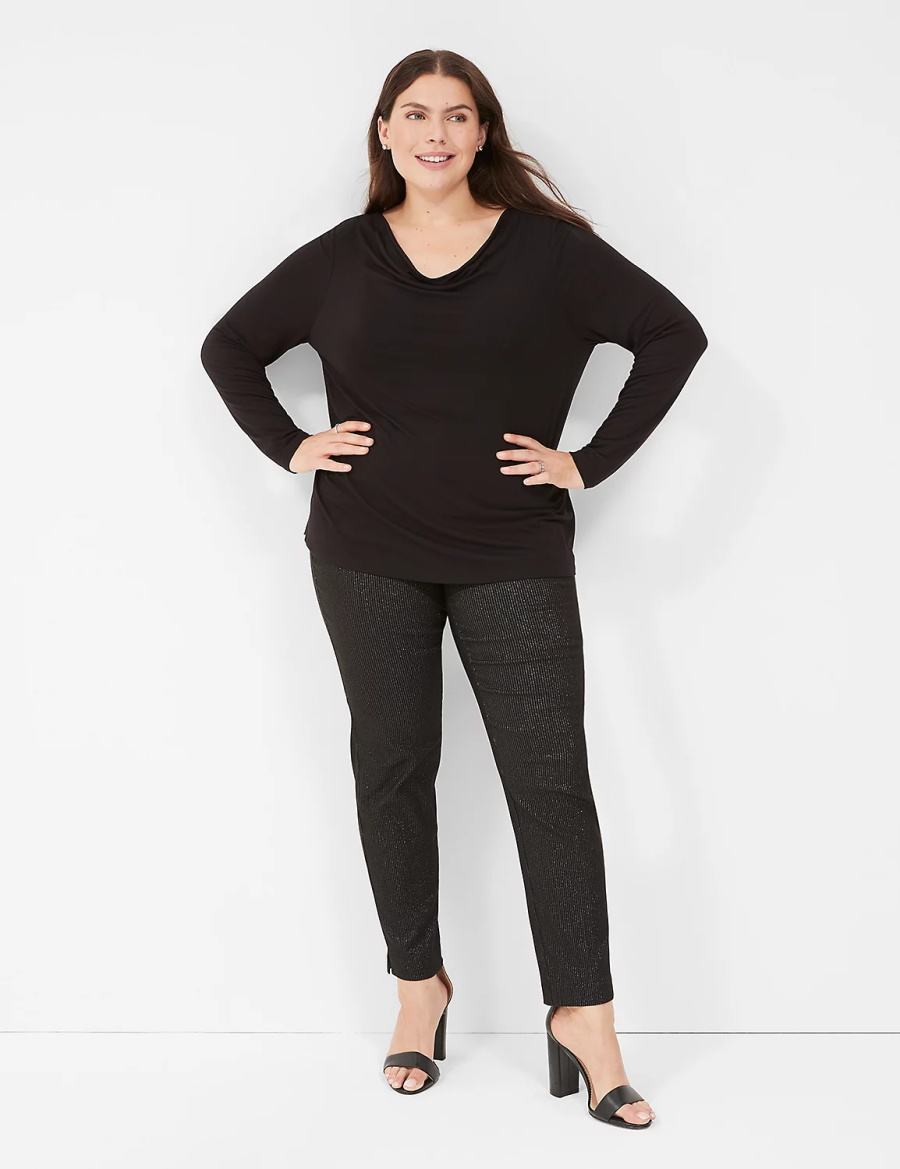 Women Lane Bryant Long-Sleeve Drape-Neck Top T Shirts Black | EMR6310WO