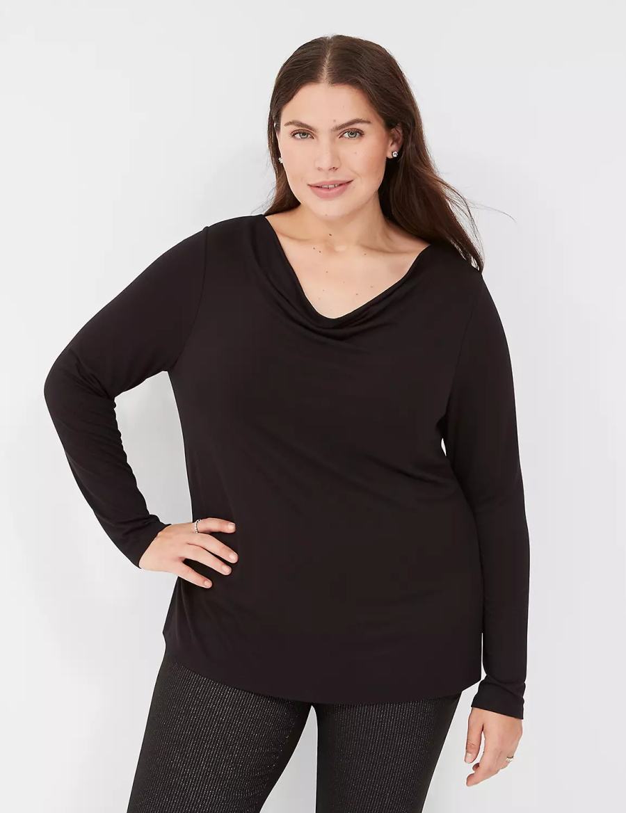 Women Lane Bryant Long-Sleeve Drape-Neck Top T Shirts Black | EMR6310WO