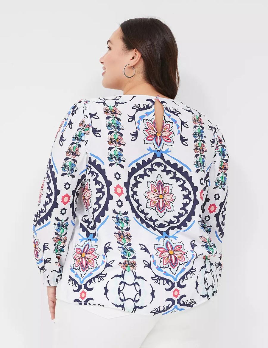 Women Lane Bryant Long-Sleeve Peasant Blouse White Multicolor | LPT5717CE